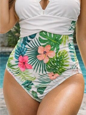 Girls' White Tropical Floral One-Piece Swimsuit